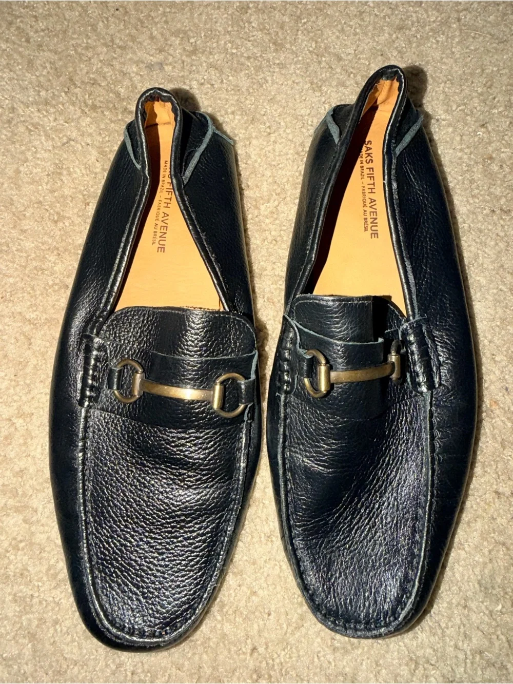 Men’s Black Leather Horsebit Driving Loafers Moc Toe Brazil Size 12M